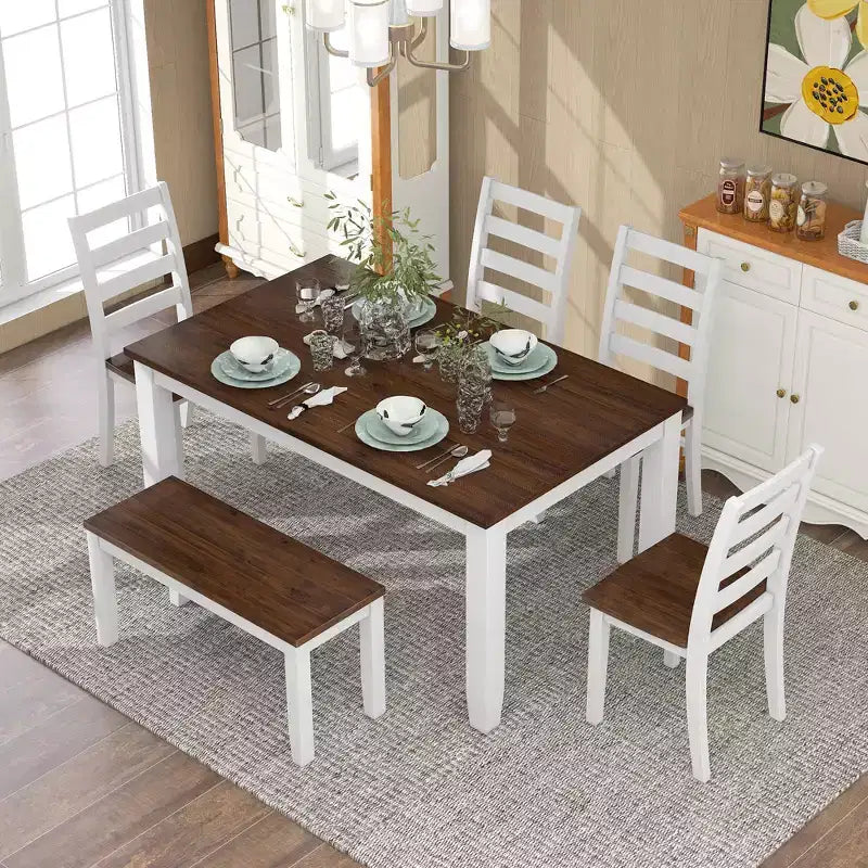 Set da pranzo in legno da 6 pezzi per 6 persone, tavolo da pranzo rettangolare con 4 sedie imbottite e panca