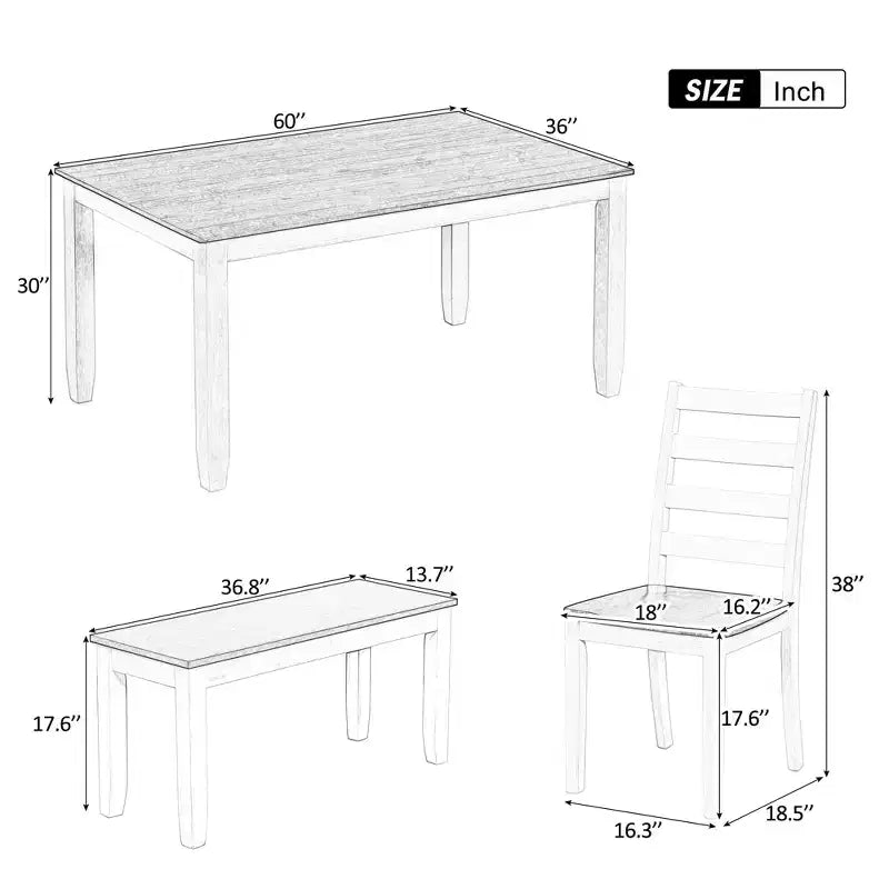 Set da pranzo in legno da 6 pezzi per 6 persone, tavolo da pranzo rettangolare con 4 sedie imbottite e panca