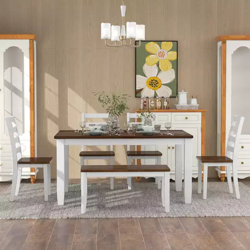 Set da pranzo in legno da 6 pezzi per 6 persone, tavolo da pranzo rettangolare con 4 sedie imbottite e panca