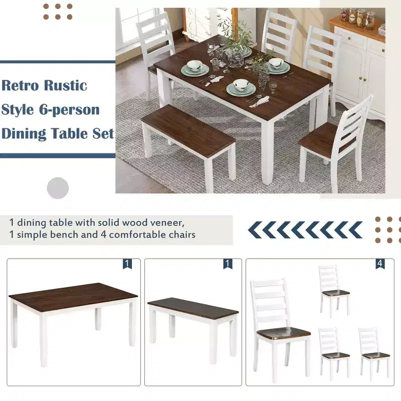 Set da pranzo in legno da 6 pezzi per 6 persone, tavolo da pranzo rettangolare con 4 sedie imbottite e panca