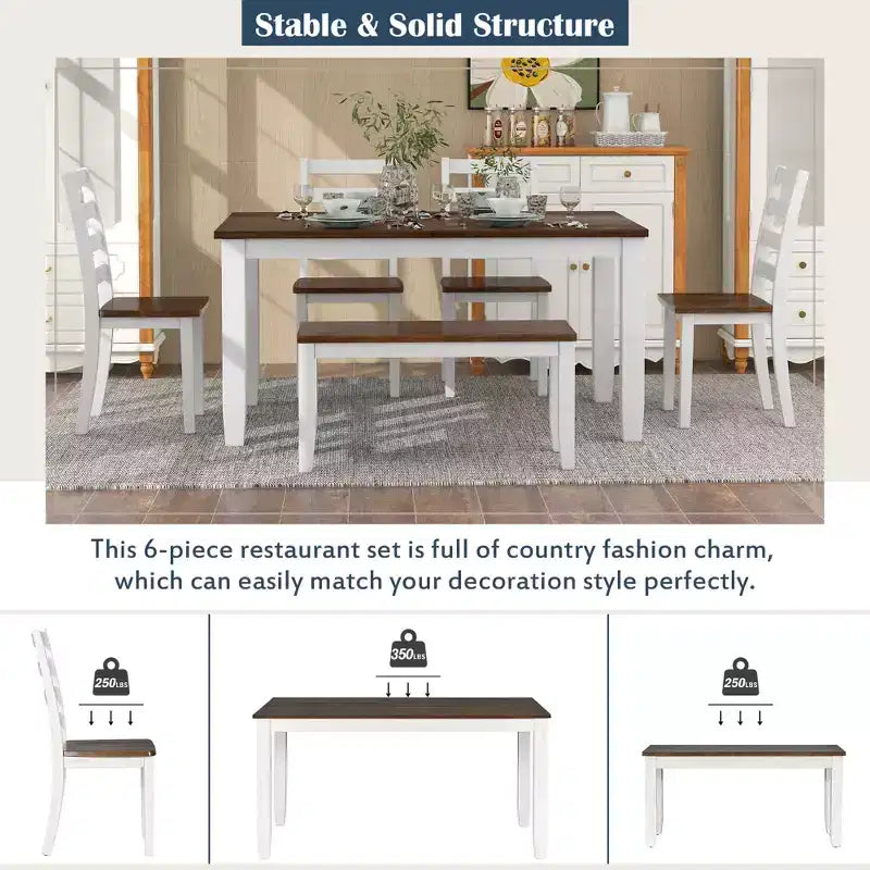 Set da pranzo in legno da 6 pezzi per 6 persone, tavolo da pranzo rettangolare con 4 sedie imbottite e panca