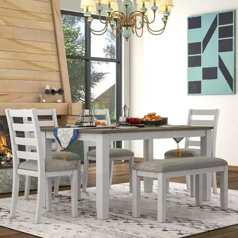 Set da pranzo in legno da 6 pezzi per 6 persone, tavolo da pranzo rettangolare con 4 sedie imbottite e panca
