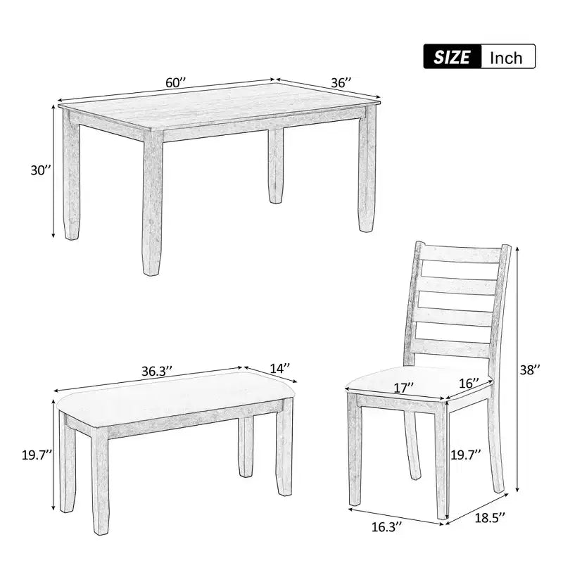 Set da pranzo in legno da 6 pezzi per 6 persone, tavolo da pranzo rettangolare con 4 sedie imbottite e panca