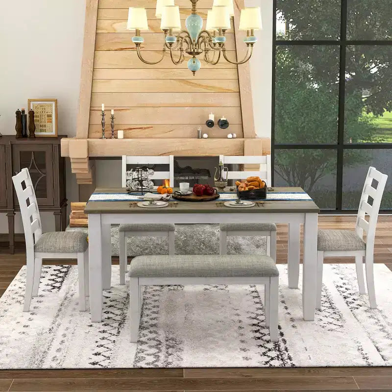 Set da pranzo in legno da 6 pezzi per 6 persone, tavolo da pranzo rettangolare con 4 sedie imbottite e panca