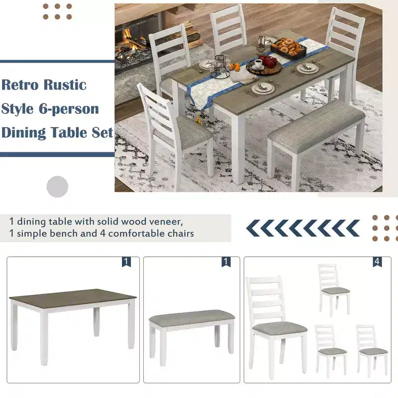 Set da pranzo in legno da 6 pezzi per 6 persone, tavolo da pranzo rettangolare con 4 sedie imbottite e panca
