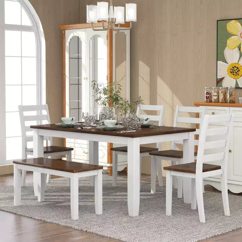 Set da pranzo in legno da 6 pezzi per 6 persone, tavolo da pranzo rettangolare con 4 sedie imbottite e panca