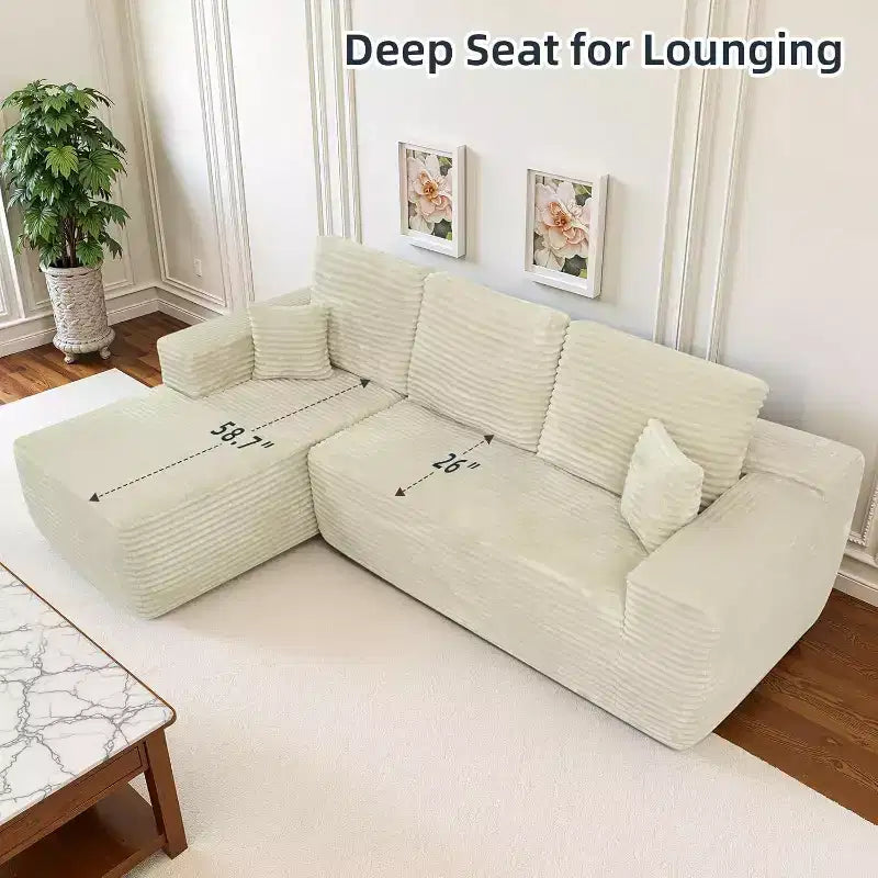 MooxvMoo 105Divano Sezionale Modulare con Cuscini Decorativi e Seduta Profonda, Comodo Divano Angolare a L in Peluche con Chaise Longue per Soggiorno, Nessun Montaggio Richiesto, Beige