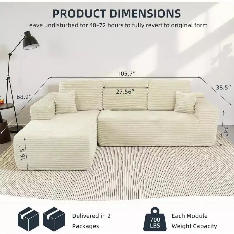 MooxvMoo 105Divano Sezionale Modulare con Cuscini Decorativi e Seduta Profonda, Comodo Divano Angolare a L in Peluche con Chaise Longue per Soggiorno, Nessun Montaggio Richiesto, Beige
