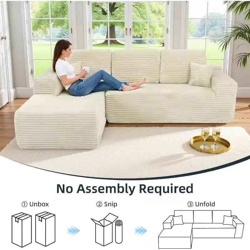 MooxvMoo 105Divano Sezionale Modulare con Cuscini Decorativi e Seduta Profonda, Comodo Divano Angolare a L in Peluche con Chaise Longue per Soggiorno, Nessun Montaggio Richiesto, Beige