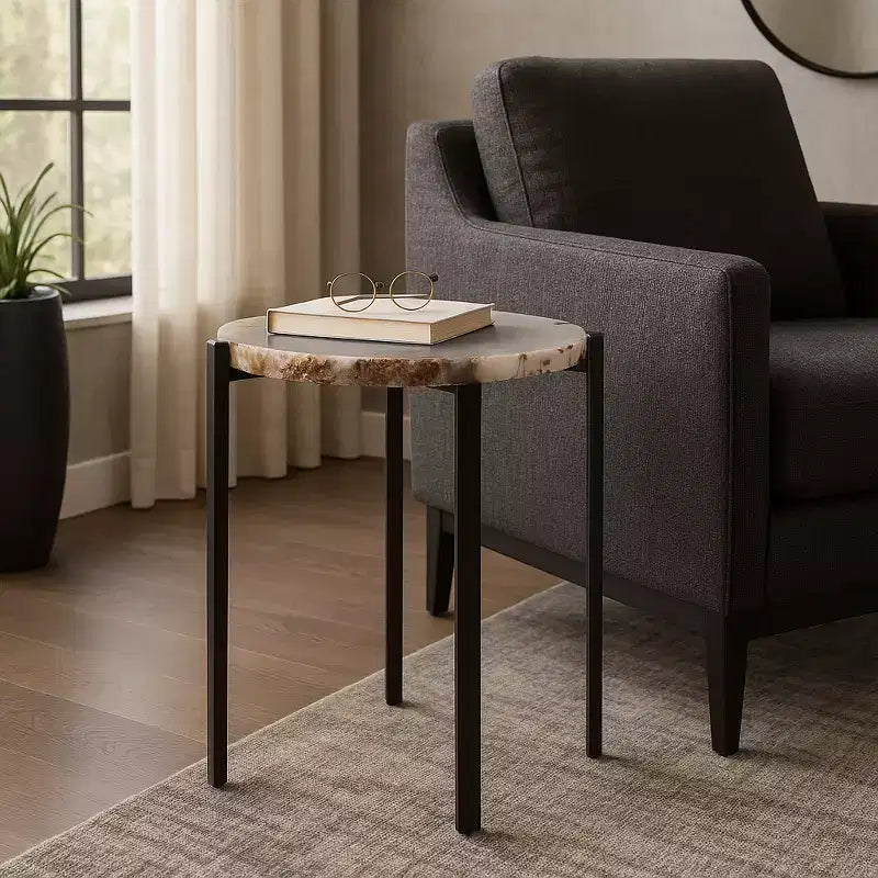 Tavolino moderno, tavolino d'appoggio o comodino - Piano unico in pietra d'agata a bordo vivo per l'arredamento di camera da letto o soggiorno - 20, bianco e nero
