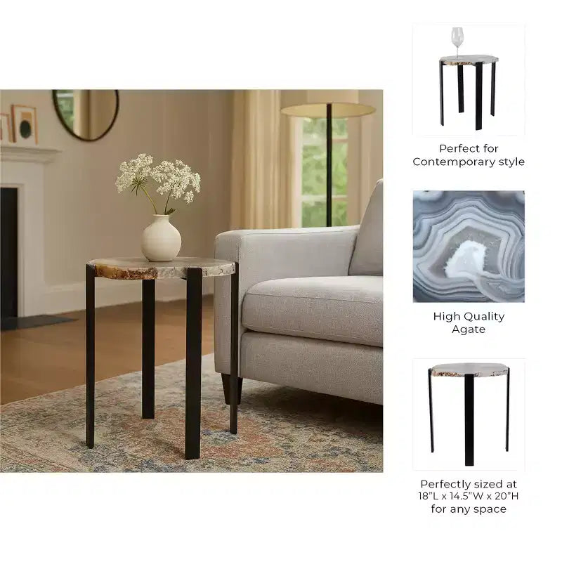 Tavolino moderno, tavolino d'appoggio o comodino - Piano unico in pietra d'agata a bordo vivo per l'arredamento di camera da letto o soggiorno - 20, bianco e nero