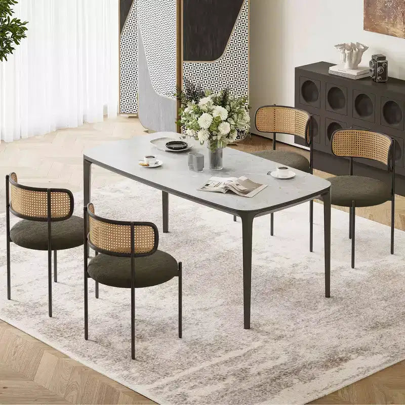 Set di 2 moderne sedie da pranzo imbottite con gambe in metallo e schienale in rattan per cucina, verdi