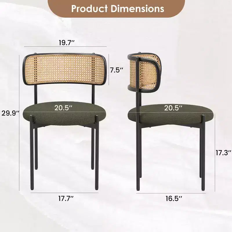 Set di 2 moderne sedie da pranzo imbottite con gambe in metallo e schienale in rattan per cucina, verdi