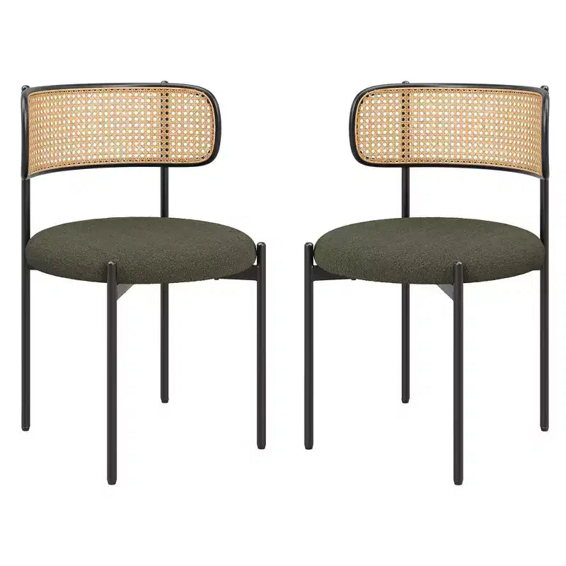 Set di 2 moderne sedie da pranzo imbottite con gambe in metallo e schienale in rattan per cucina, verdi