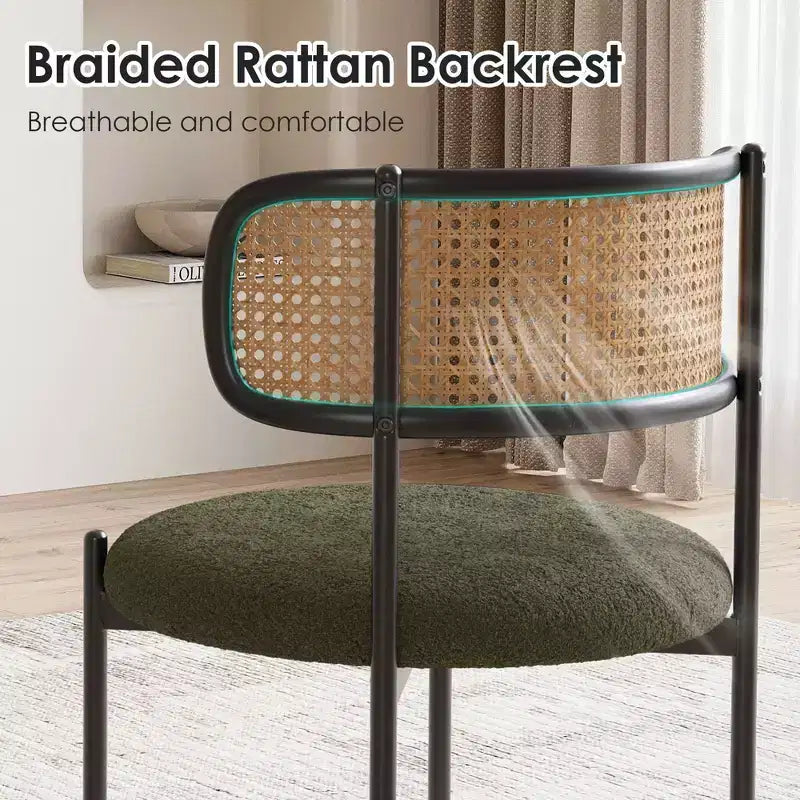Set di 2 moderne sedie da pranzo imbottite con gambe in metallo e schienale in rattan per cucina, verdi