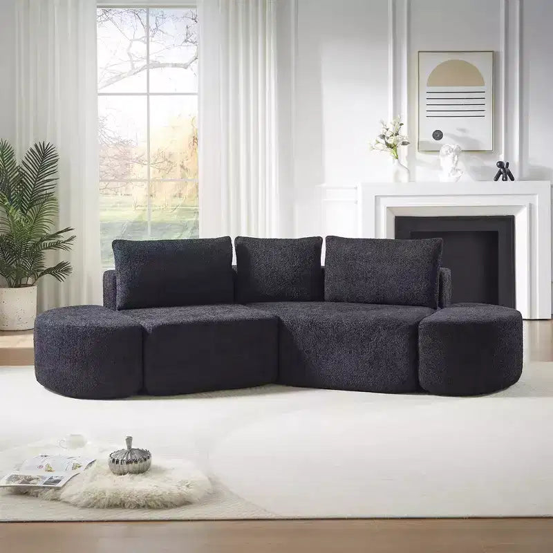 Set Divano Sezionale Modulare a V Clihome 106.3, Divano in ciniglia con 3 Cuscini e 2 Pouf Senza Braccioli