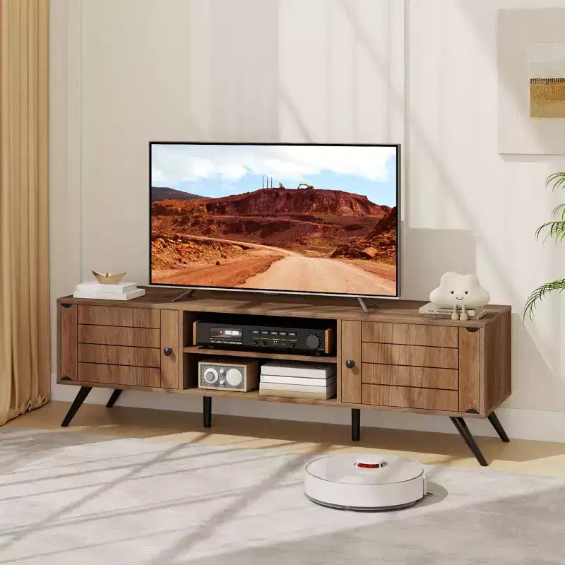 Mobile TV con 2 armadietti e ripiani aperti, 6 piedini di supporto per soggiorno