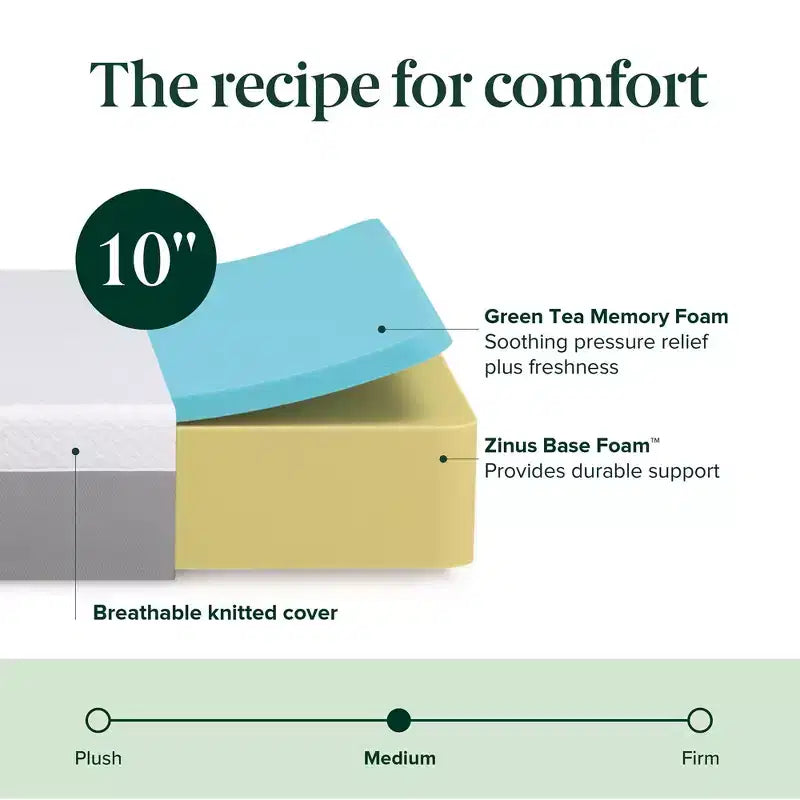 Zinus Materasso in Memory Foam Essential al Tè Verde da 25 cm, Queen, Rigidità Media, Memory Foam Traspirante, Schiume e Tessuti Certificati Sicuri, Materasso Arrotolato