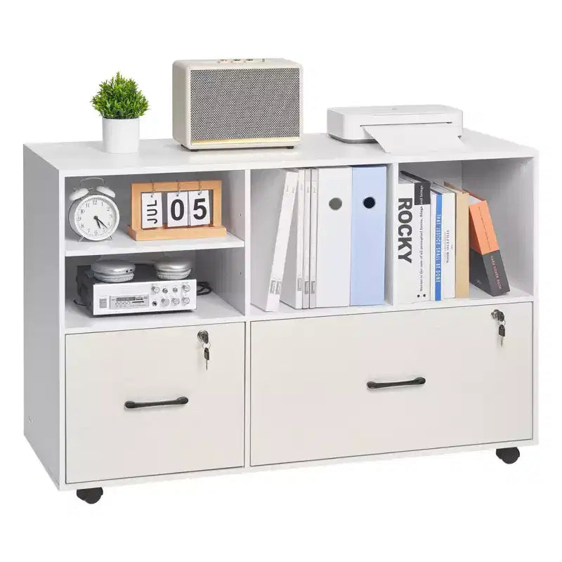 2-Drawer Wooden File Cabinet with Wheels Lockable Lateral Filing with Open Shelves Printer Stand White