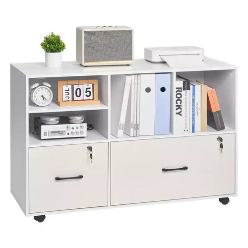 2-Drawer Wooden File Cabinet with Wheels Lockable Lateral Filing with Open Shelves Printer Stand White