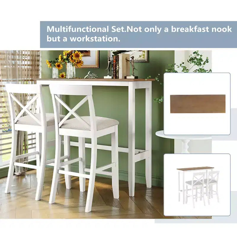 Set da 3 pezzi tavolo da pranzo ad altezza bancone in legno, set da colazione rettangolare in stile rustico con 2 sedie per piccoli spazi