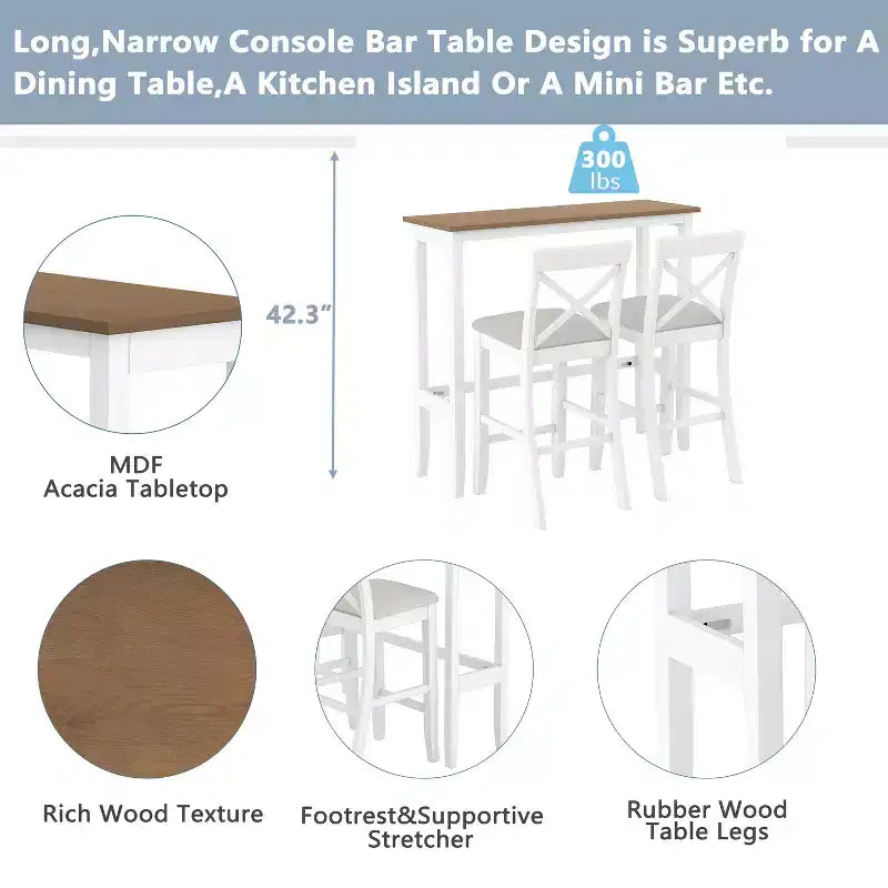 Set da 3 pezzi tavolo da pranzo ad altezza bancone in legno, set da colazione rettangolare in stile rustico con 2 sedie per piccoli spazi