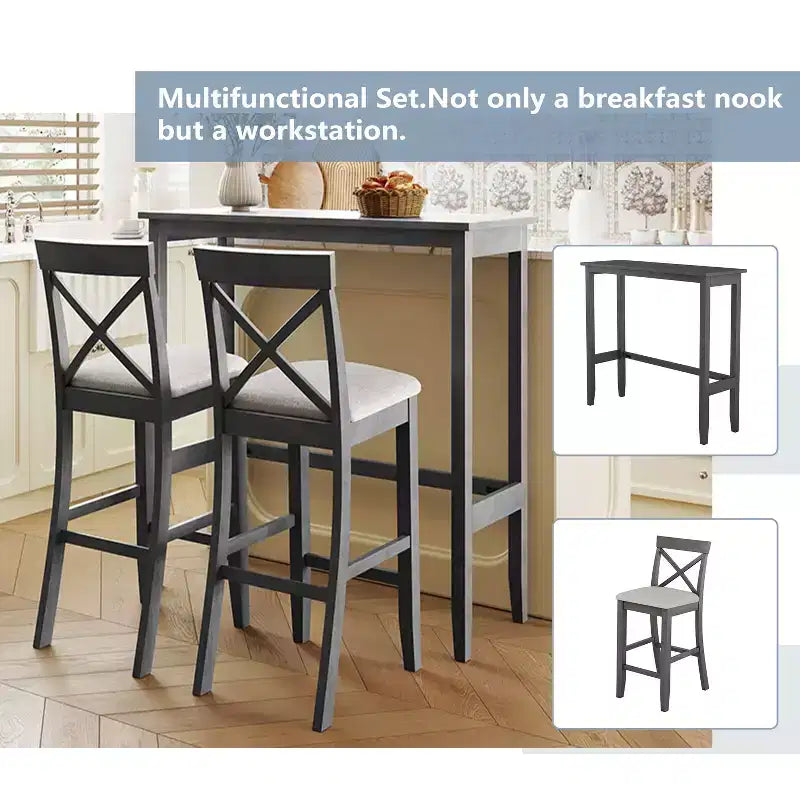 Set da 3 pezzi tavolo da pranzo ad altezza bancone in legno, set da colazione rettangolare in stile rustico con 2 sedie per piccoli spazi