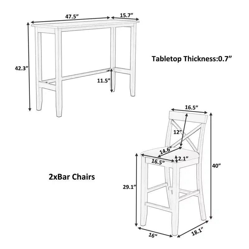 Set da 3 pezzi tavolo da pranzo ad altezza bancone in legno, set da colazione rettangolare in stile rustico con 2 sedie per piccoli spazi