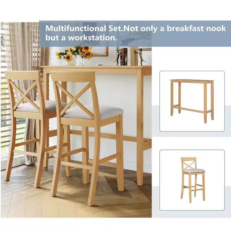 Set da 3 pezzi tavolo da pranzo ad altezza bancone in legno, set da colazione rettangolare in stile rustico con 2 sedie per piccoli spazi