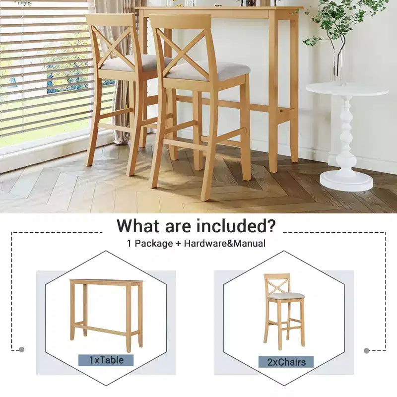 Set da 3 pezzi tavolo da pranzo ad altezza bancone in legno, set da colazione rettangolare in stile rustico con 2 sedie per piccoli spazi