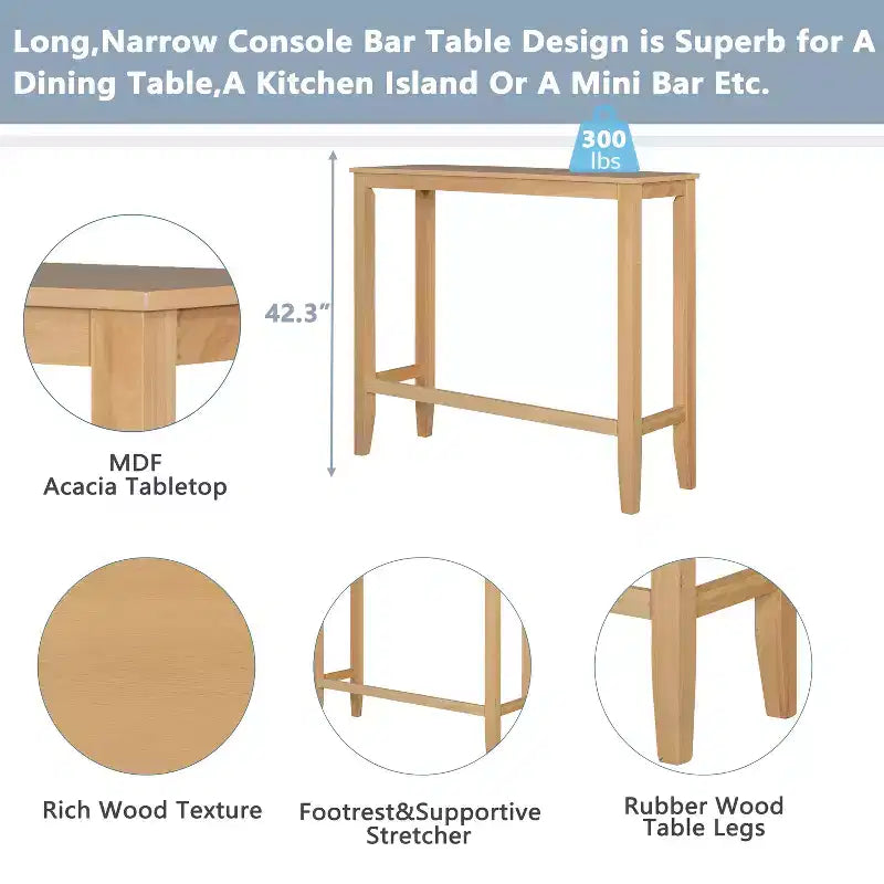 Set da 3 pezzi tavolo da pranzo ad altezza bancone in legno, set da colazione rettangolare in stile rustico con 2 sedie per piccoli spazi