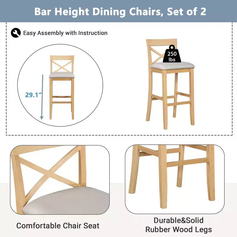 Set da 3 pezzi tavolo da pranzo ad altezza bancone in legno, set da colazione rettangolare in stile rustico con 2 sedie per piccoli spazi