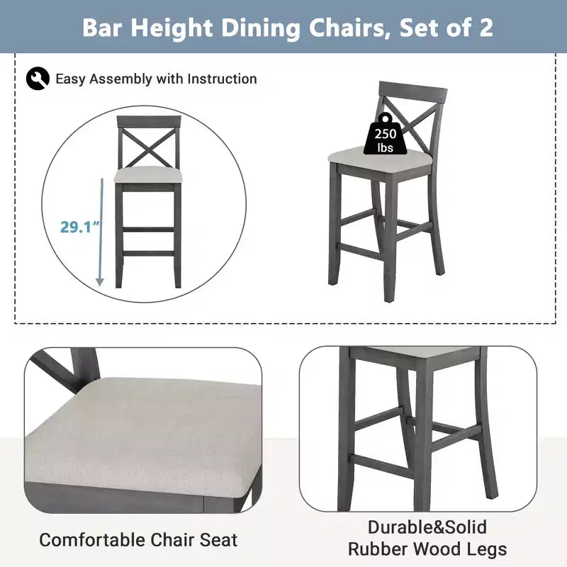 Set da 3 pezzi tavolo da pranzo ad altezza bancone in legno, set da colazione rettangolare in stile rustico con 2 sedie per piccoli spazi