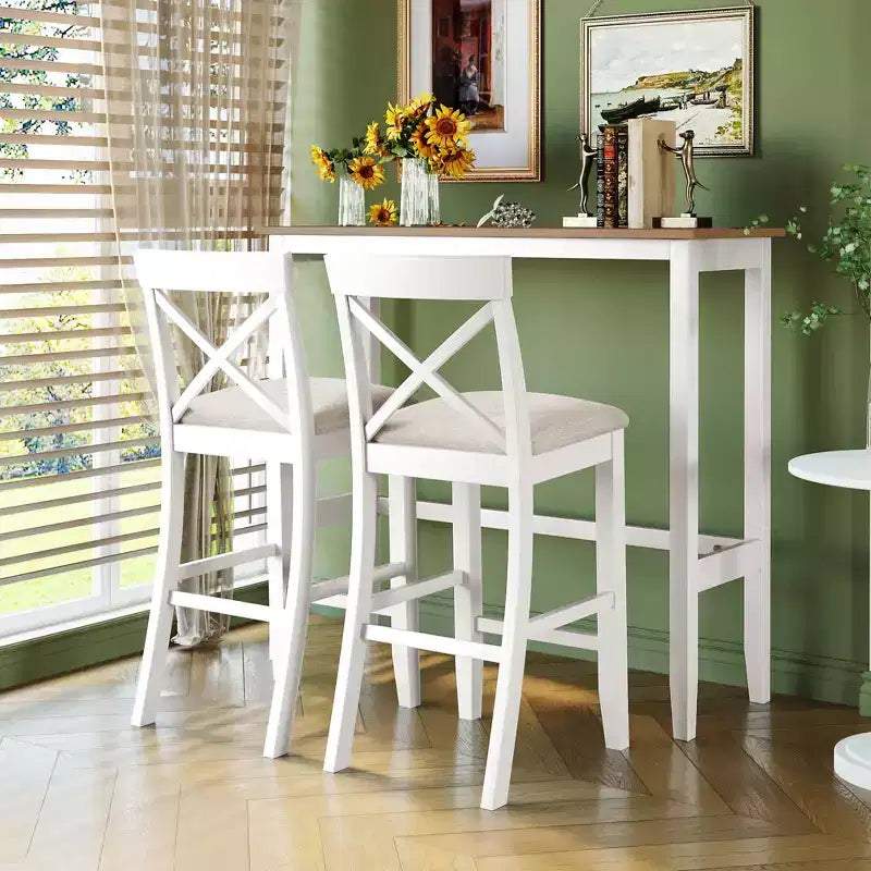 Set da 3 pezzi tavolo da pranzo ad altezza bancone in legno, set da colazione rettangolare in stile rustico con 2 sedie per piccoli spazi