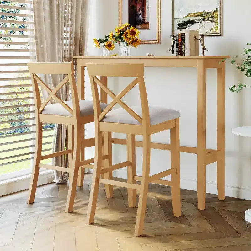 Set da 3 pezzi tavolo da pranzo ad altezza bancone in legno, set da colazione rettangolare in stile rustico con 2 sedie per piccoli spazi